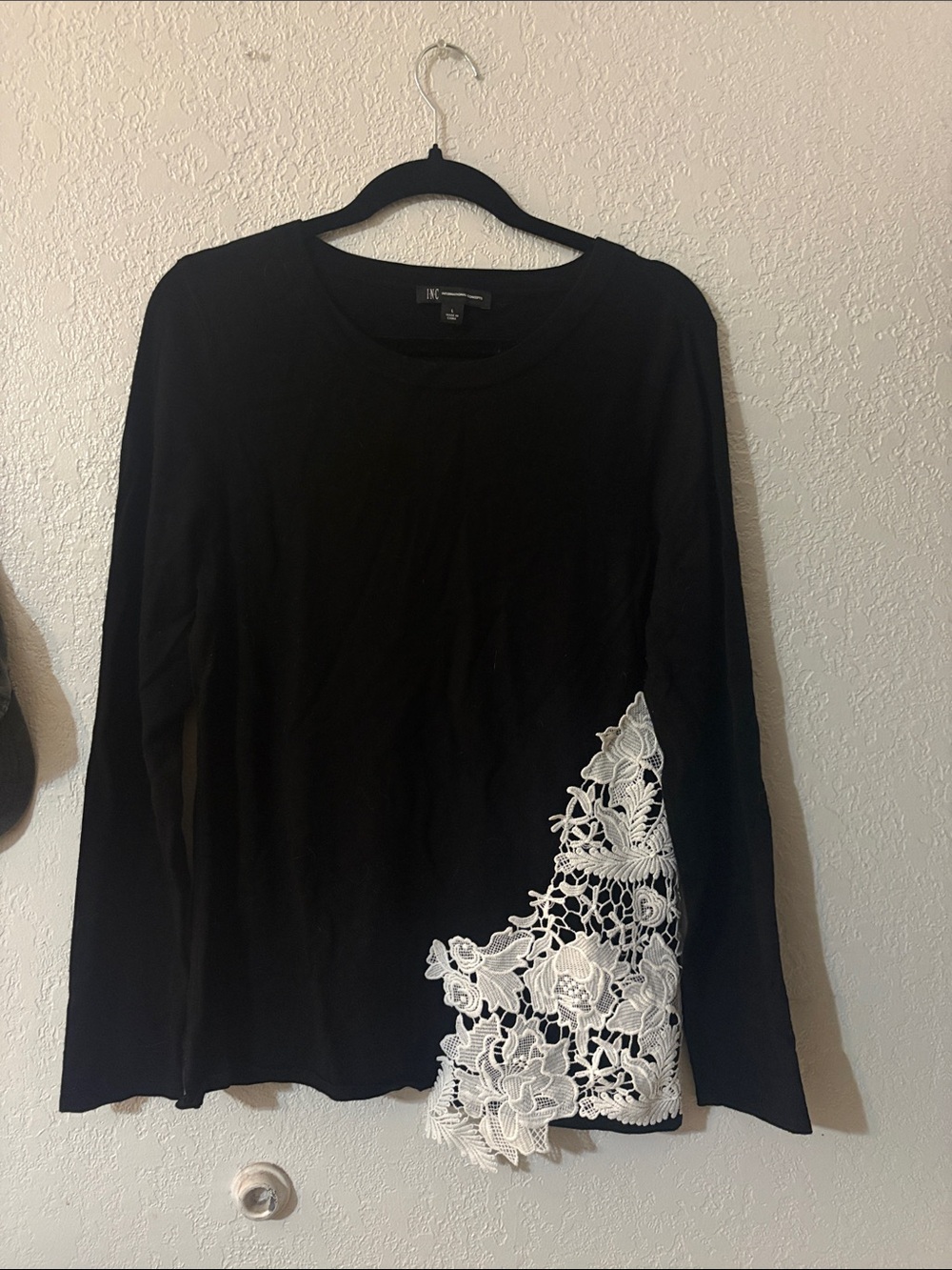 INC International Concepts Black Long Sleeve Tee with White Lace Appliqué